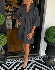 Damen Mini-Kleid mit Puffärmeln und Blatt-Jacquard (2 kaufen, kostenloser Versand)