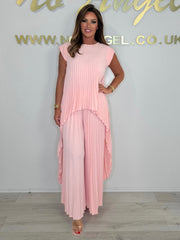 Plissiertes Zweiteiler-Set – High-Low-Oberteil & weite Hose Freizeit-Outfit
