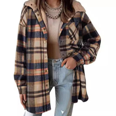 Damen Flanell Kariert Kapuzen-Hemdjacke Dicke Winterjacke für Wärme Geknöpfte Warme Flauschige Fleecejacke
