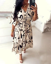V-Neck Waist Ink Print Dress