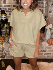 New Textured Collared Top and Short Set (Buy 2 Free Shipping)