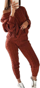 Damen Herbst Strick 2-teilige Outfits Pullover Shirt Top und Bodycon Hose Freizeit Jumpsuit Strampler Plus Size