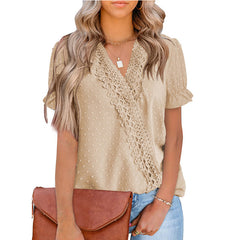Chiffon-Ball-Spitze V-Ausschnitt Kurzarm-Shirt