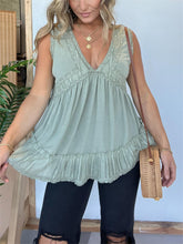 New V-neckline Sleeveless Flow Top with Lace Trim (Buy 2 Free Shipping)