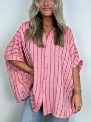 Damen Oversized Gestreiftes Button-Down-Oberteil (2 kaufen, kostenloser Versand)
