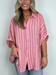 Damen Oversized Gestreiftes Button-Down-Oberteil (2 kaufen, kostenloser Versand)