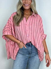 Damen Oversized Gestreiftes Button-Down-Oberteil (2 kaufen, kostenloser Versand)