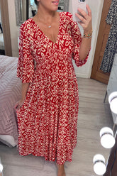 Neues böhmisches Freizeitkleid mit V-Ausschnitt und Print (2 kaufen, kostenloser Versand)