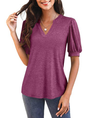 Damen V-Ausschnitt T-Shirt mit Puffärmeln (3 kaufen, gratis Versand)