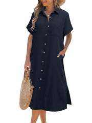 Damen Kurzarm-Hemdblusenkleid (2 kaufen, Versand gratis)