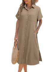 Damen Kurzarm-Hemdblusenkleid (2 kaufen, Versand gratis)