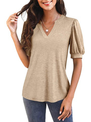 Damen V-Ausschnitt T-Shirt mit Puffärmeln (3 kaufen, gratis Versand)