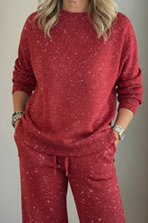 🎄 Neu eingetroffen!🔥 Kuscheliger Reise-Sweatshirt mit Rundhalsausschnitt und glänzende Hose, 2-teiliges Set