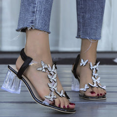 Women's Butterfly Rhinestone Block Heel Sandals