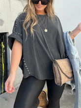 Washed Roll Sleeve Studded Oversized Short Sleeve Top (Buy 2 Free Shipping)