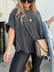 Washed Roll Sleeve Studded Oversized Short Sleeve Top (Buy 2 Free Shipping)