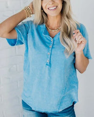 Damen-T-Shirt mit Waschung und Knöpfen (2 kaufen, kostenloser Versand)