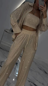 Damen-Revers-Strass-Freizeit-Dreiteiler