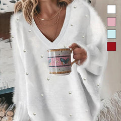🔥Heißer Verkauf – V-Ausschnitt Langarm Perlenbesatz Oversized Flauschiger Pullover