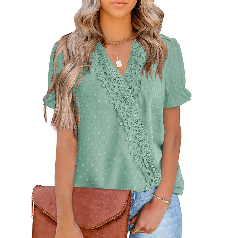 Chiffon-Ball-Spitze V-Ausschnitt Kurzarm-Shirt
