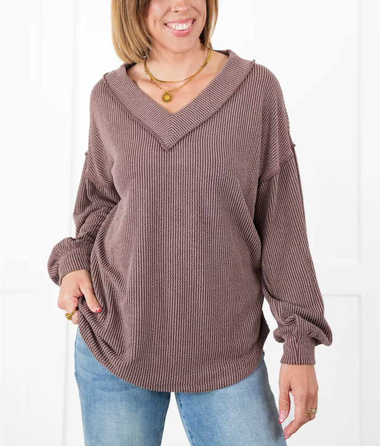 Gerippte Langarm-V-Ausschnitt-Pullover für Damen (2 kaufen, kostenloser Versand)