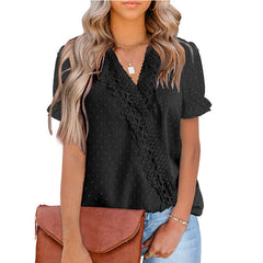 Chiffon-Ball-Spitze V-Ausschnitt Kurzarm-Shirt