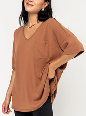 Damen Oversize V-Neck T-Shirt mit Tasche (3 kaufen, Versand gratis)