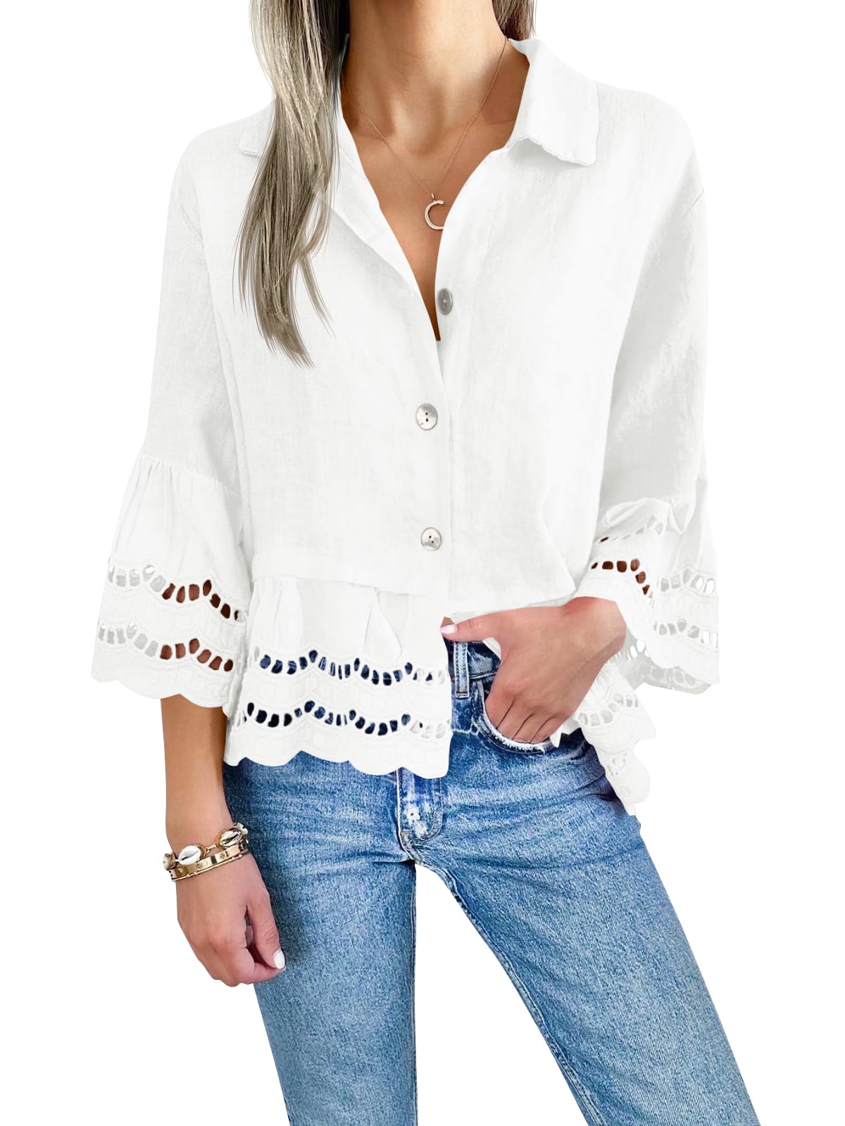 Damen-Bluse mit Ösenstickerei (2 kaufen, kostenloser Versand)
