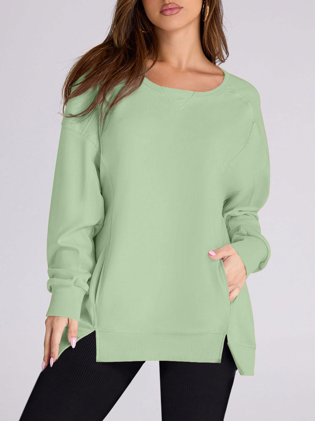 Damen High Low Pullover Sweatshirt mit Seitenschlitzen und Taschen (2 kaufen, kostenloser Versand)
