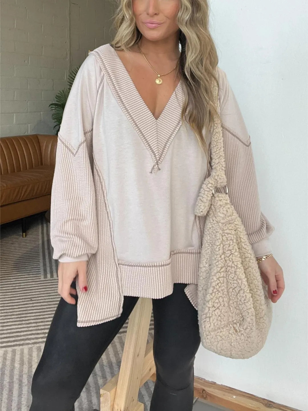 Damen V-Ausschnitt Lose Langarmshirt (2 kaufen, kostenloser Versand)