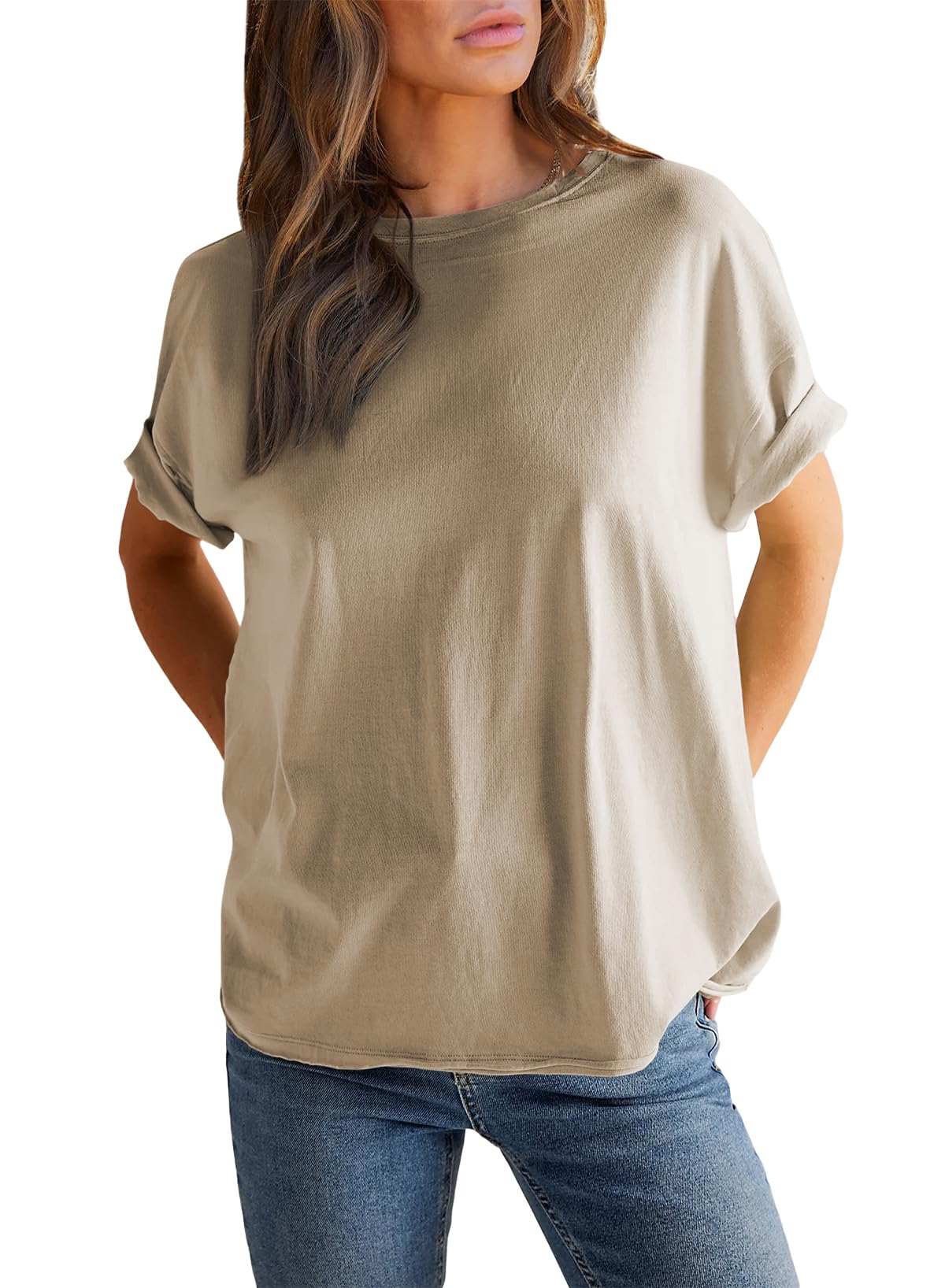 Damen einfarbiges Rundhals-Kurzarm-T-Shirt (2 kaufen, kostenloser Versand)