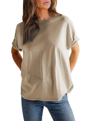 Damen einfarbiges Rundhals-Kurzarm-T-Shirt (2 kaufen, kostenloser Versand)