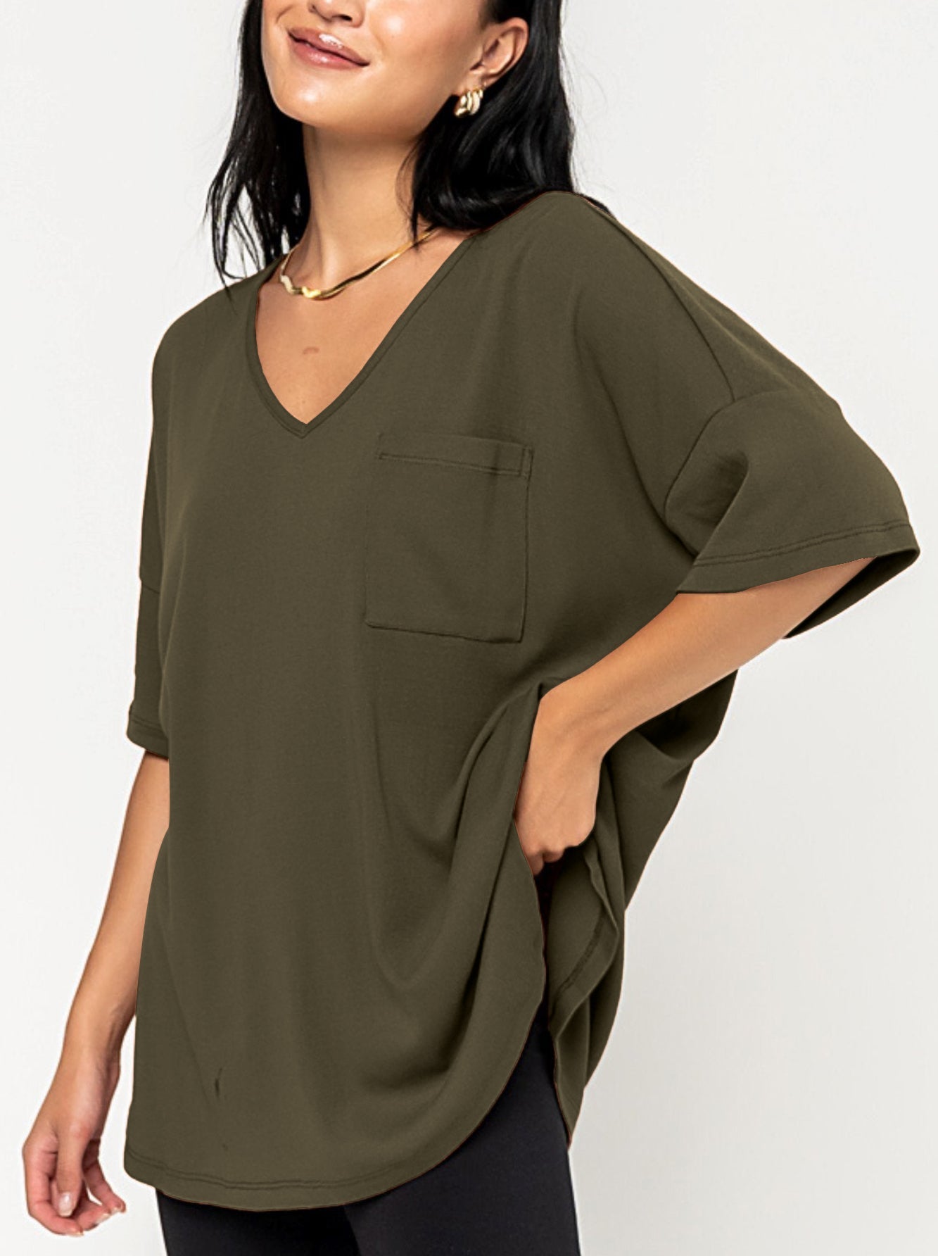 Damen Oversize V-Neck T-Shirt mit Tasche (3 kaufen, Versand gratis)
