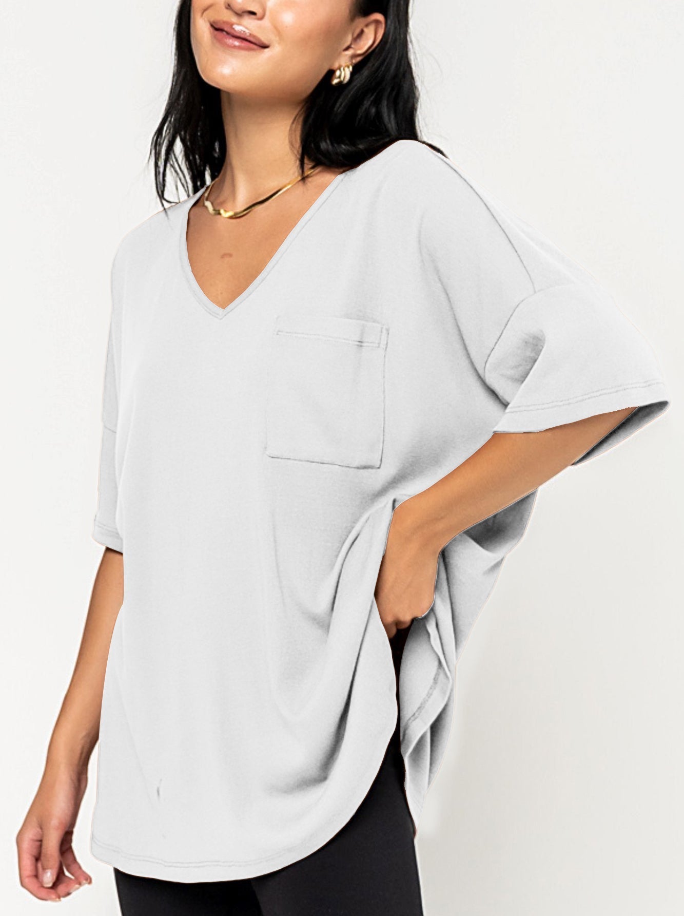 Damen Oversize V-Neck T-Shirt mit Tasche (3 kaufen, Versand gratis)