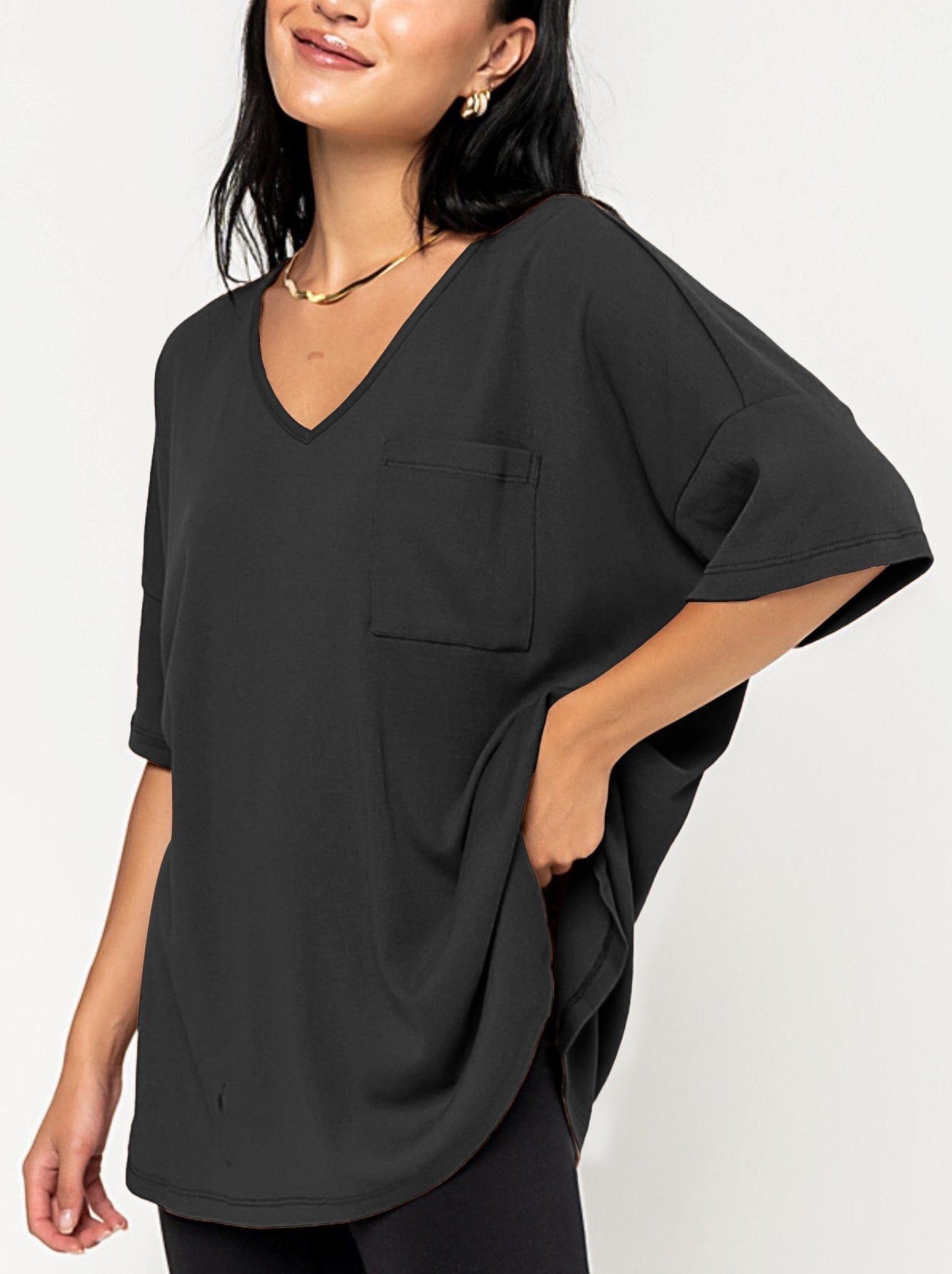 Damen Oversize V-Neck T-Shirt mit Tasche (3 kaufen, Versand gratis)