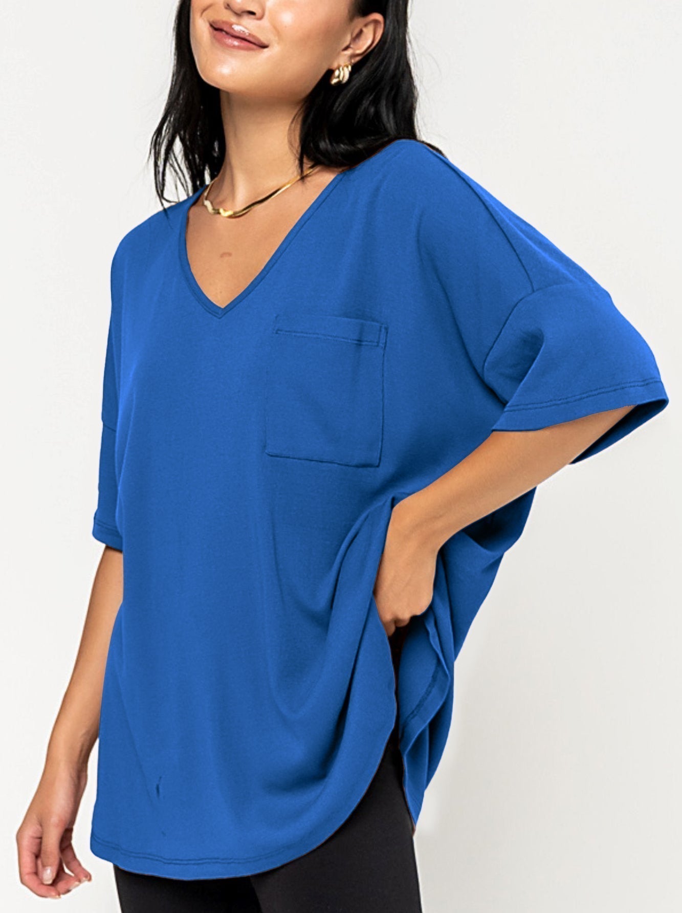 Damen Oversize V-Neck T-Shirt mit Tasche (3 kaufen, Versand gratis)