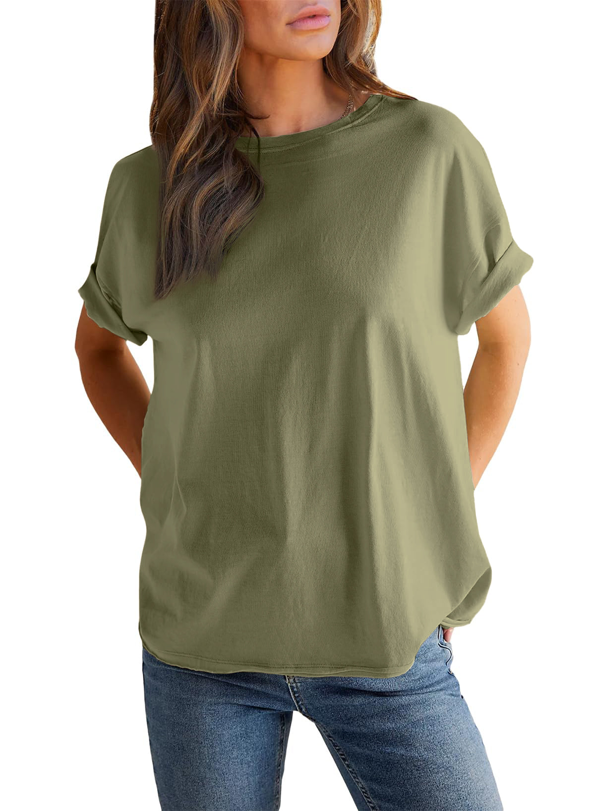Damen einfarbiges Rundhals-Kurzarm-T-Shirt (2 kaufen, kostenloser Versand)