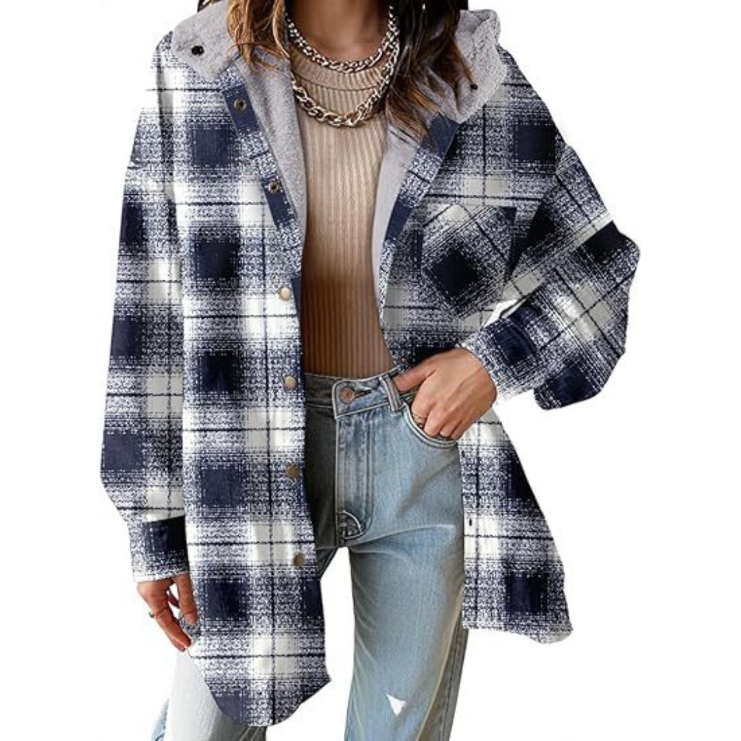 Damen Flanell Kariert Kapuzen-Hemdjacke Dicke Winterjacke für Wärme Geknöpfte Warme Flauschige Fleecejacke