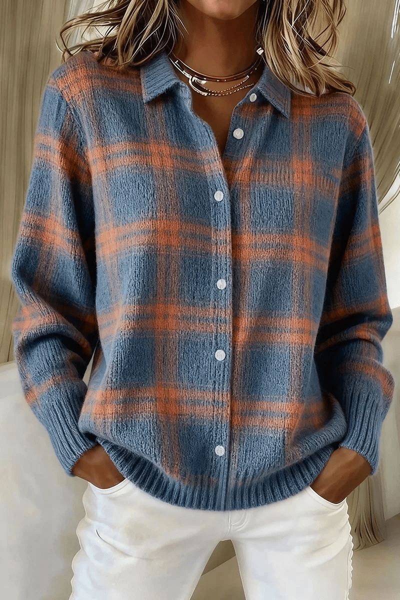 RÄUMUNGSVERKAUF🔥 Damen Karierter Print Lässiger Baumwoll-Cardigan mit Knöpfen [Kaufe 2 Versandkostenfrei]
