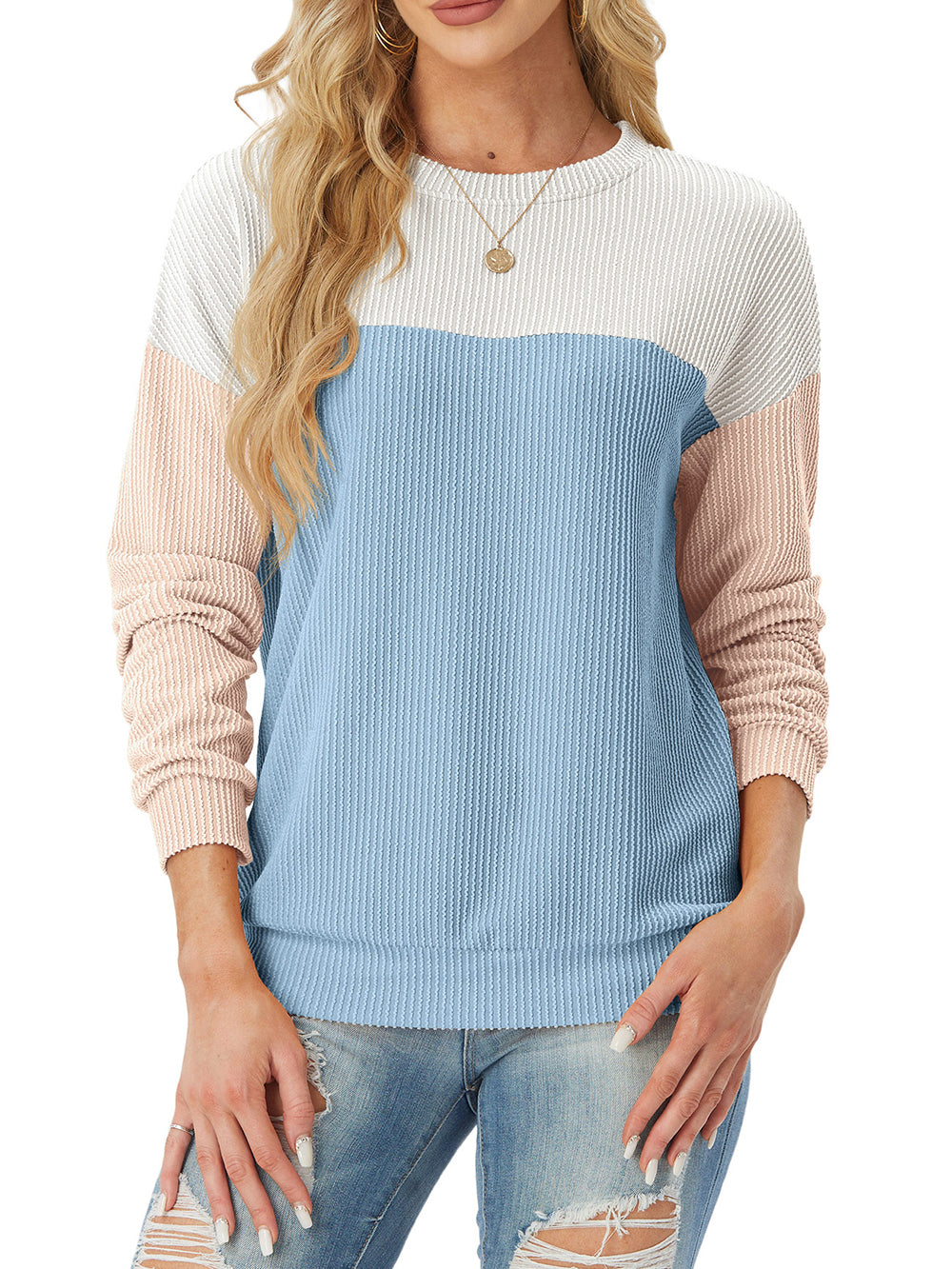 Damen Rundhals Colour Block Gerippte Oberteile (2 kaufen, kostenloser Versand)
