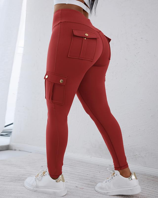 ChicMe Damen Leggings mit Po-Push-up-Effekt, Pattentaschen, hoher Taille, Bauchkontrolle, Workout Cargo Leggings Yogahose