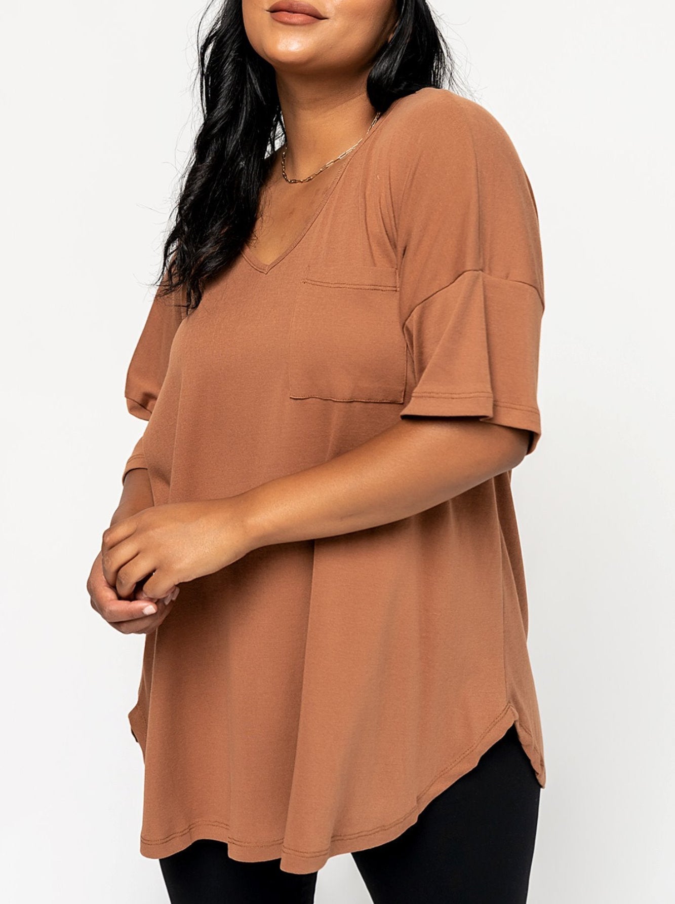 Damen Oversize V-Neck T-Shirt mit Tasche (3 kaufen, Versand gratis)