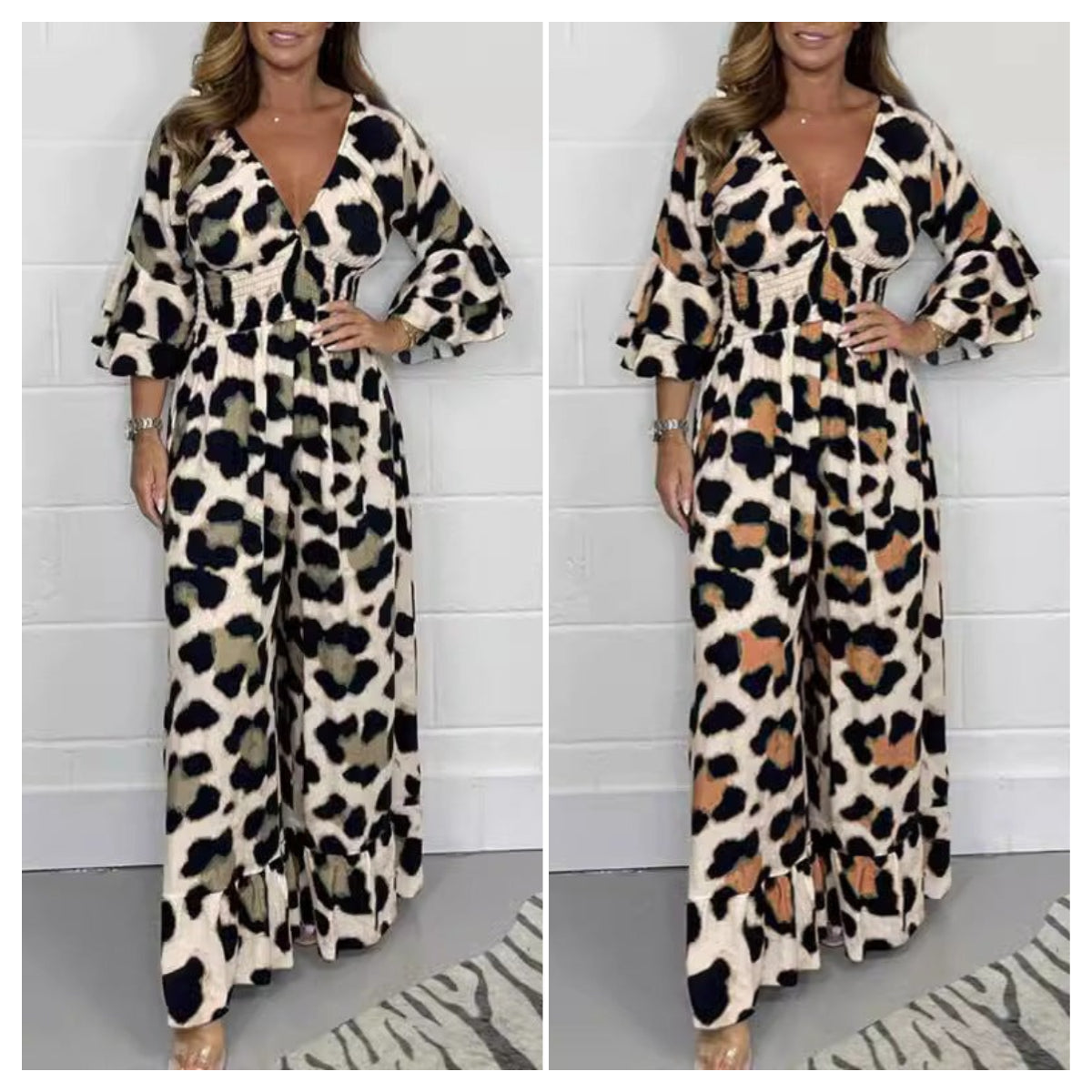 Leopardenmuster-V-Ausschnitt-Jumpsuit
