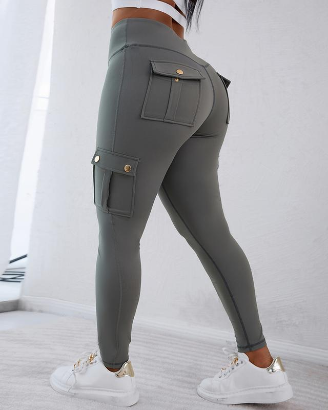 ChicMe Damen Leggings mit Po-Push-up-Effekt, Pattentaschen, hoher Taille, Bauchkontrolle, Workout Cargo Leggings Yogahose