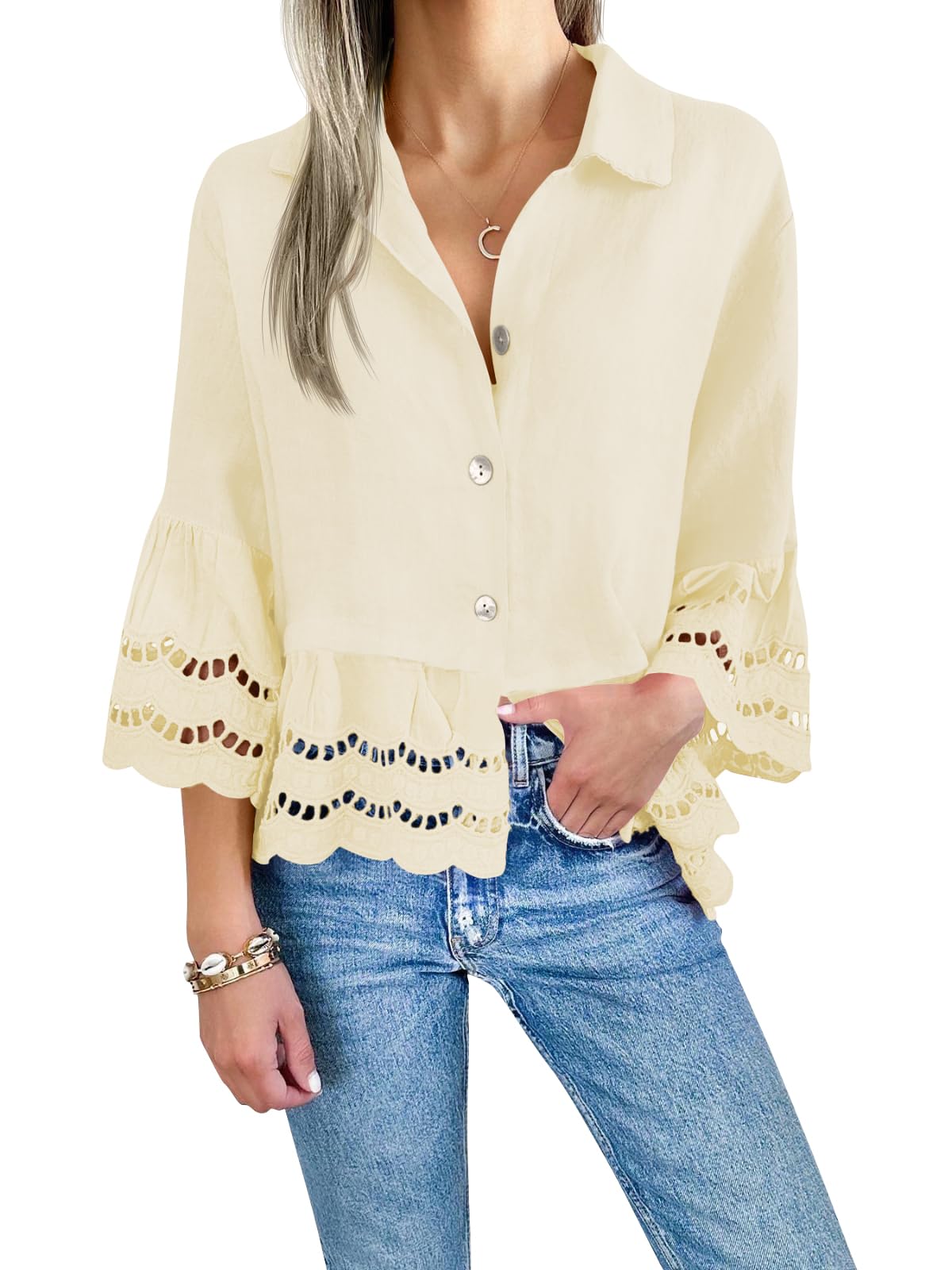 Damen-Bluse mit Ösenstickerei (2 kaufen, kostenloser Versand)