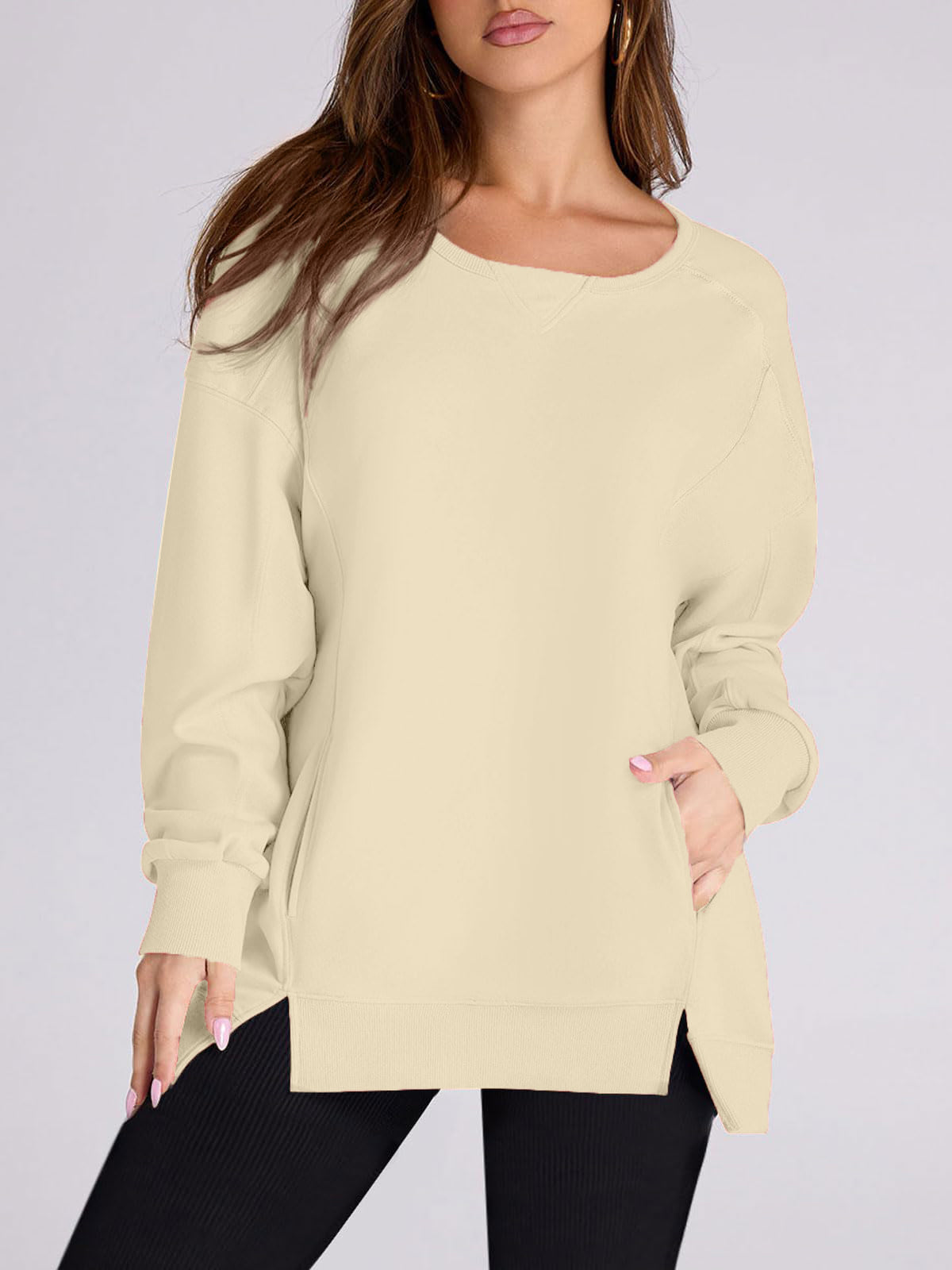 Damen High Low Pullover Sweatshirt mit Seitenschlitzen und Taschen (2 kaufen, kostenloser Versand)