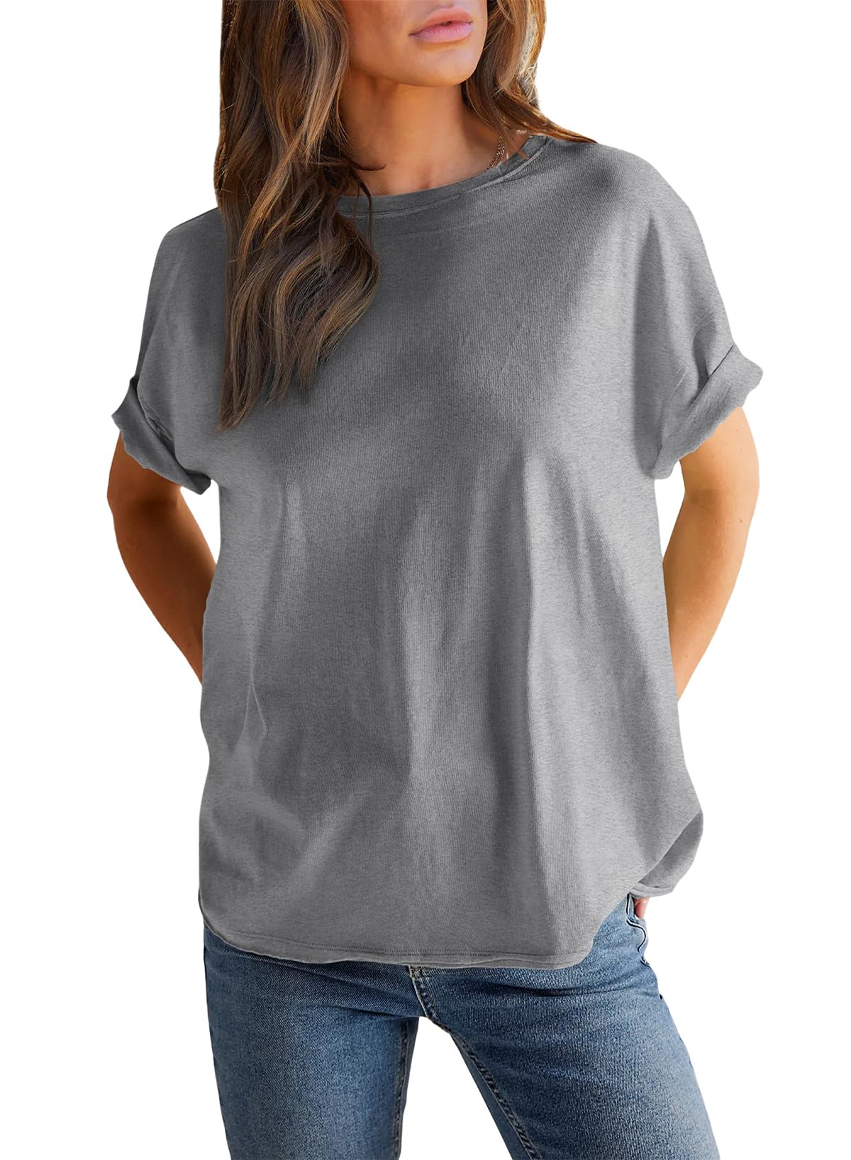 Damen einfarbiges Rundhals-Kurzarm-T-Shirt (2 kaufen, kostenloser Versand)