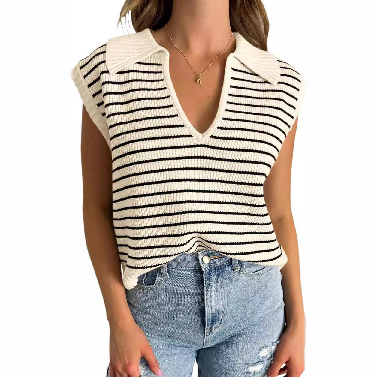 Damen ärmelloses gestreiftes V-Ausschnitt-Top (2 kaufen, kostenloser Versand)
