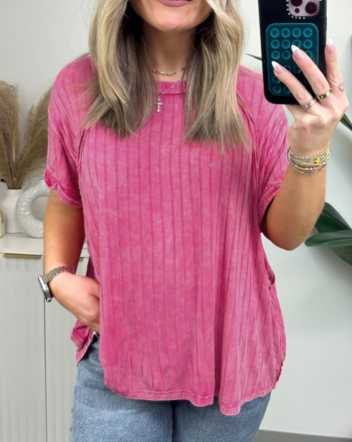 Damen-Slouchy-Geripptes-Mineral-Wash-T-Shirt (2 kaufen, kostenloser Versand)