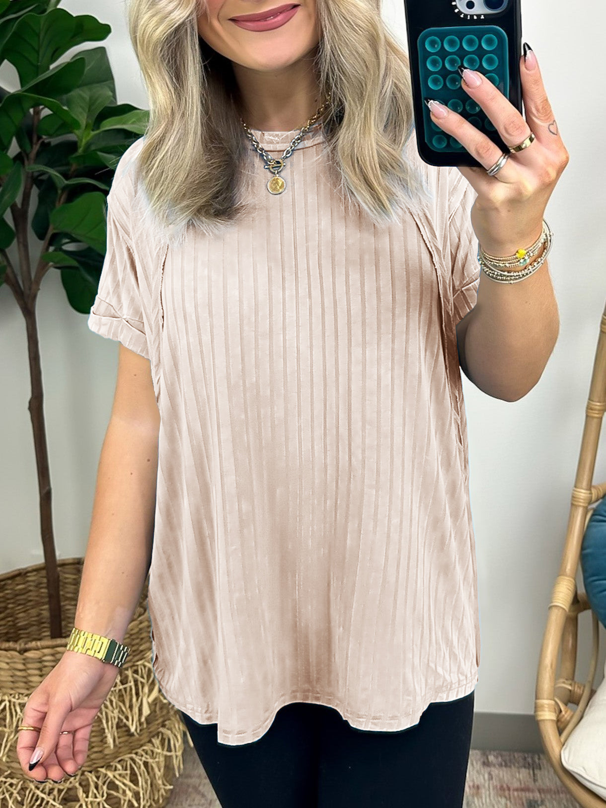 Damen-Slouchy-Geripptes-Mineral-Wash-T-Shirt (2 kaufen, kostenloser Versand)